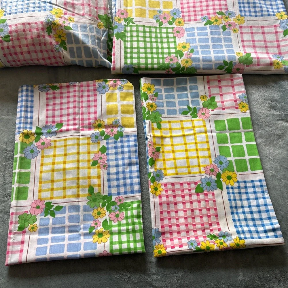 Vintage Cannon 70s Daisy TWIN‎ SIZE Sheet Set Gingham Square Monticello Muslin